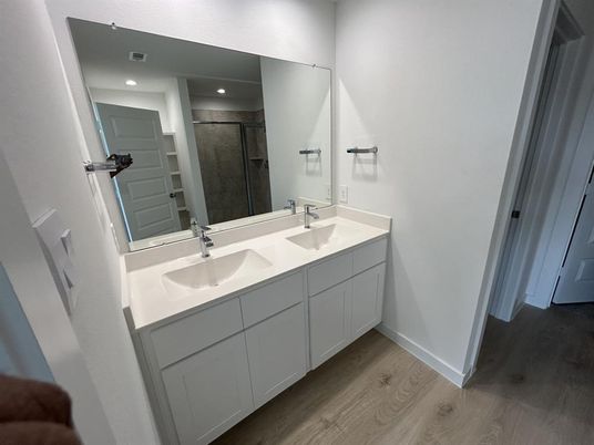 Bathroom, Dual Sink Vanities, Interior, Recessed Lighting, Wood Texture Flooring