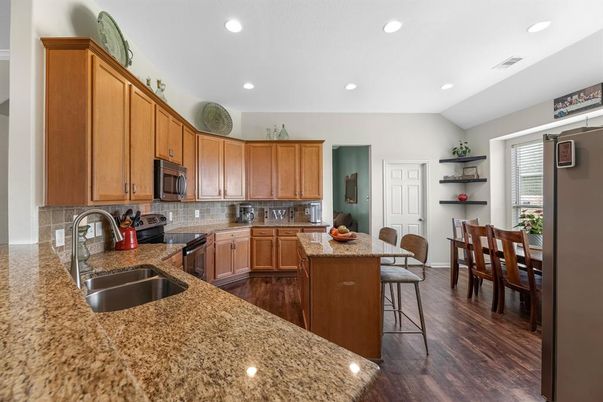 Dining room, Interior, Kitchen, Recessed Lighting, Wood Texture Flooring