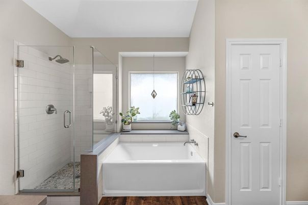 Bathroom, Glass Shower, Interior, Wood Texture Flooring