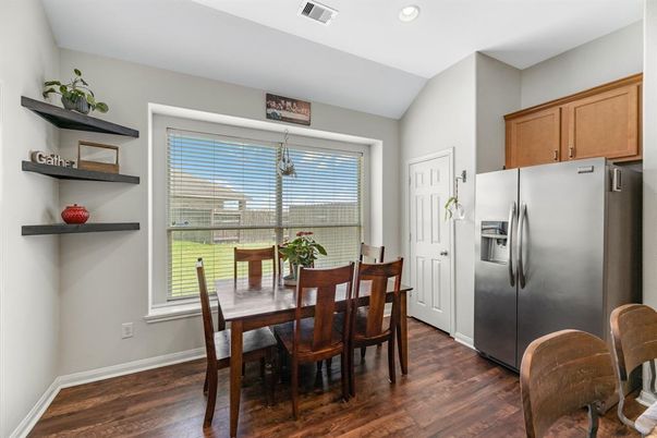 Dining room, Interior, Kitchen, Recessed Lighting, Wood Texture Flooring