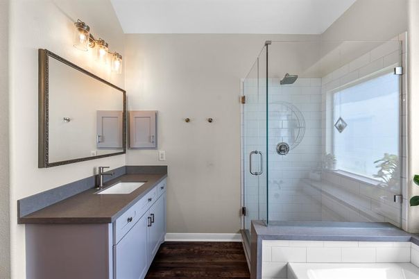 Bathroom, Dual Sink Vanities, Glass Shower, Interior, Wood Texture Flooring