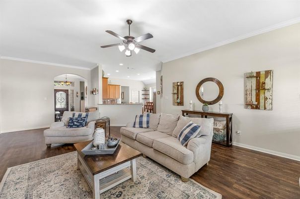 Chandelier, Dining room, Interior, Kitchen, Living room, Pendant Lights, Recessed Lighting, Wood Texture Flooring