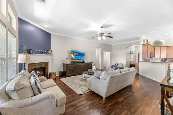Fireplace, Interior, Living room, Recessed Lighting, Wood Texture Flooring