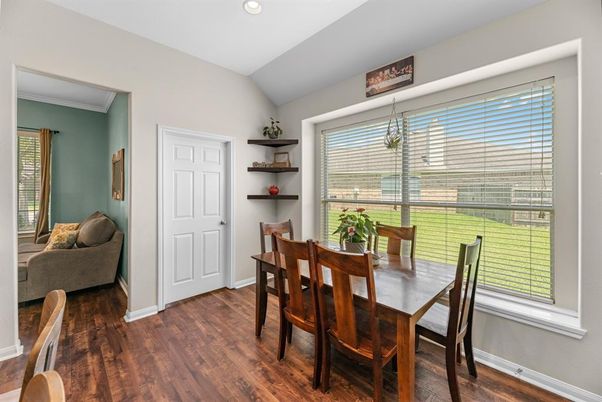 Dining room, Interior, Recessed Lighting, Wood Texture Flooring