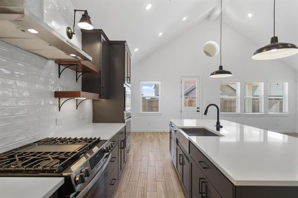 Interior, Kitchen, Pendant Lights, Recessed Lighting, Stainless Steel Appliances, Wood Texture Flooring