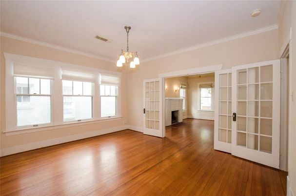 Empty room, Fireplace, Interior, Pendant Lights, Wood Texture Flooring