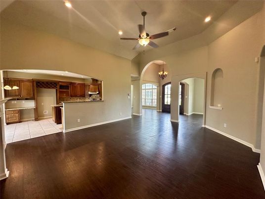 Chandelier, Empty room, Interior, Kitchen, Recessed Lighting, Wood Texture Flooring