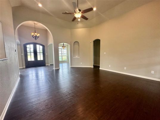 Chandelier, Empty room, Interior, Recessed Lighting, Wood Texture Flooring