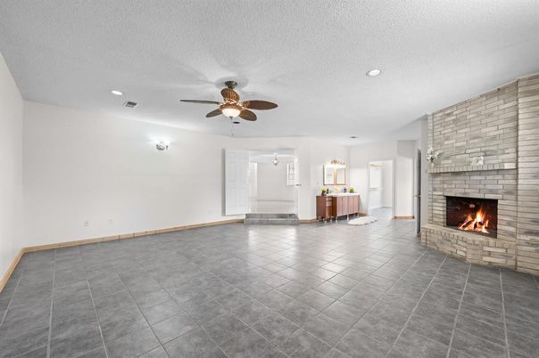 Empty room, Fireplace, Interior, Recessed Lighting, Stone Walls
