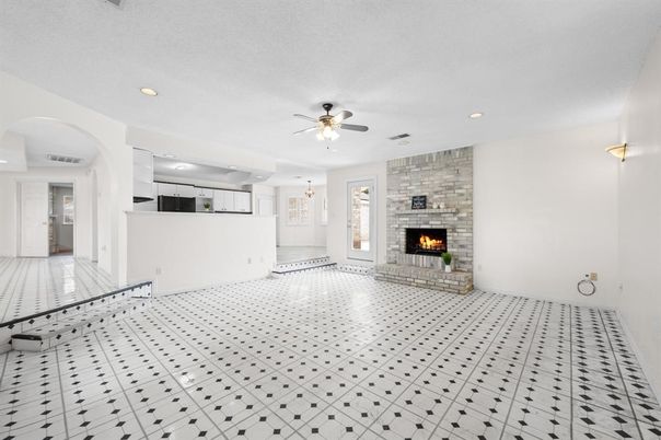 Empty room, Fireplace, Interior, Kitchen, Recessed Lighting