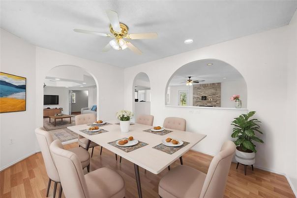 Dining room, Interior, Recessed Lighting, Stone Walls, Wood Texture Flooring