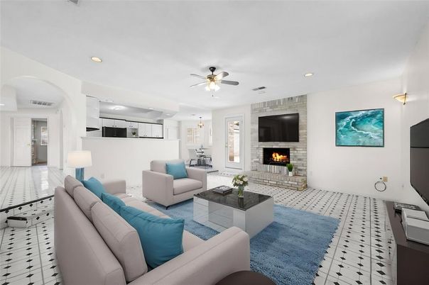 Dining room, Fireplace, Interior, Kitchen, Living room, Pendant Lights, Recessed Lighting, Stone Walls