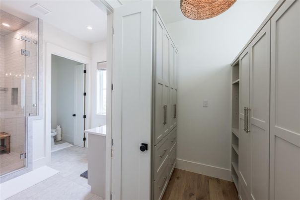 Bathroom, Glass Shower, Interior, Recessed Lighting, Wood Texture Flooring