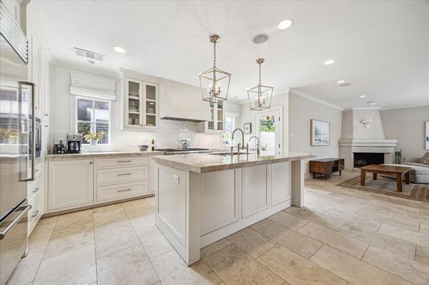 Fireplace, Interior, Kitchen, Pendant Lights, Recessed Lighting, Stainless Steel Appliances
