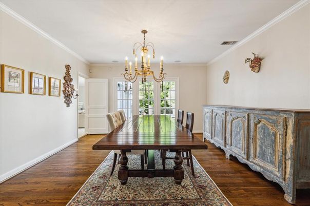 Chandelier, Dining room, Interior, Wood Texture Flooring