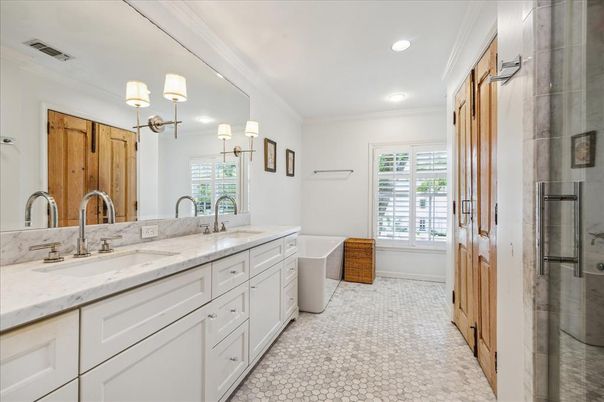 Bathroom, Dual Sink Vanities, Glass Shower, Interior, Recessed Lighting