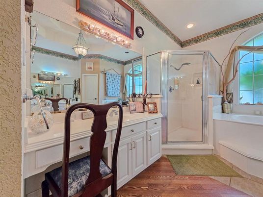 Bathroom, Glass Shower, Interior, Recessed Lighting, Wood Texture Flooring