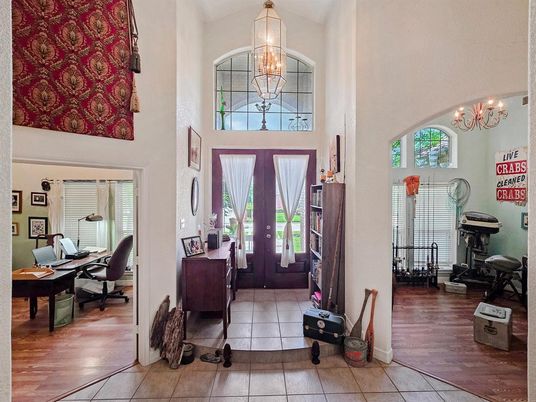 Chandelier, Home Office, Interior, Wood Texture Flooring
