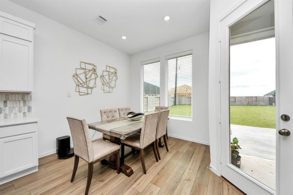 Dining room, Interior, Recessed Lighting, Wood Texture Flooring
