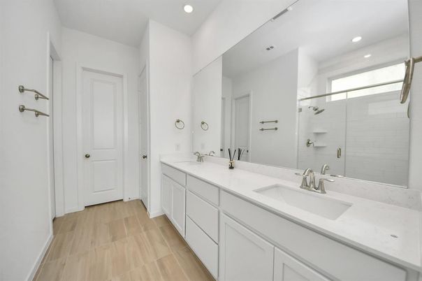 Bathroom, Dual Sink Vanities, Interior, Recessed Lighting, Wood Texture Flooring