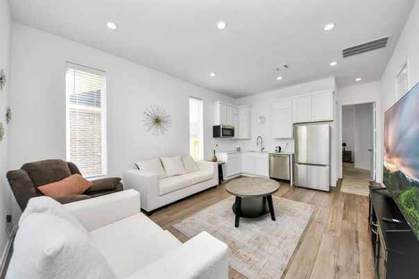 Interior, Kitchen, Living room, Recessed Lighting, Stainless Steel Appliances, Wood Texture Flooring