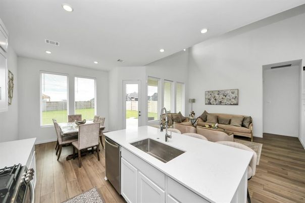 Dining room, Interior, Kitchen, Living room, Recessed Lighting, Wood Texture Flooring
