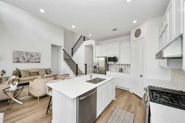 Interior, Kitchen, Living room, Recessed Lighting, Stainless Steel Appliances, Wood Texture Flooring