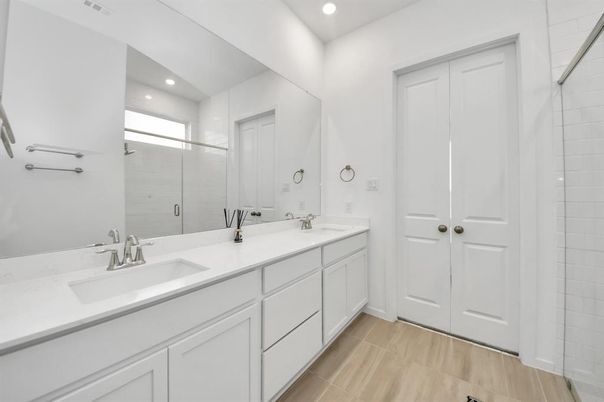 Bathroom, Dual Sink Vanities, Interior, Recessed Lighting, Wood Texture Flooring