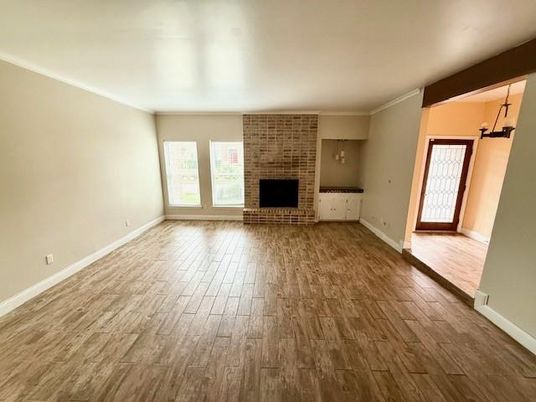 Empty room, Fireplace, Interior, Stone Walls, Wood Texture Flooring