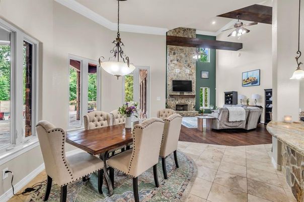Dining room, Fireplace, Interior, Living room, Pendant Lights, Recessed Lighting, Wood Texture Flooring