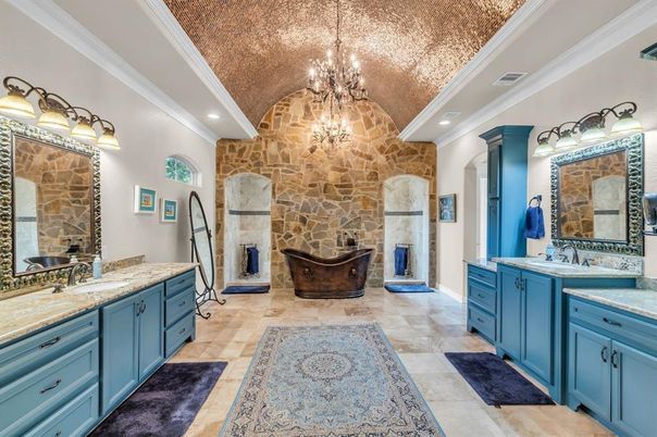Bathroom, Chandelier, Dual Sink Vanities, Fireplace, Interior, Recessed Lighting, Stone Walls