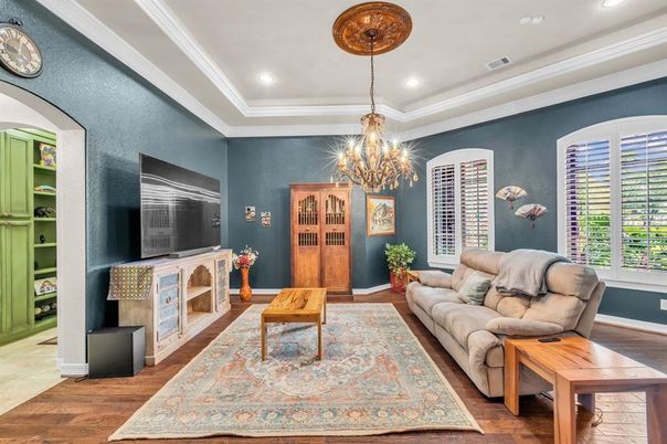Chandelier, Interior, Living room, Recessed Lighting, Wood Texture Flooring