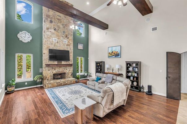 Fireplace, Interior, Living room, Recessed Lighting, Stone Walls, Wooden Beams, Wood Texture Flooring