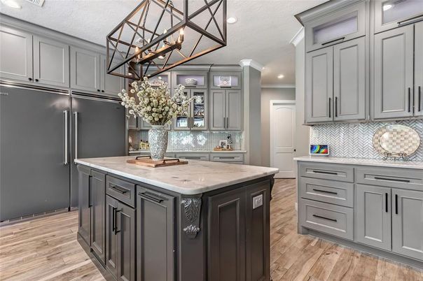 Chandelier, Interior, Kitchen, Pendant Lights, Recessed Lighting, Wood Texture Flooring
