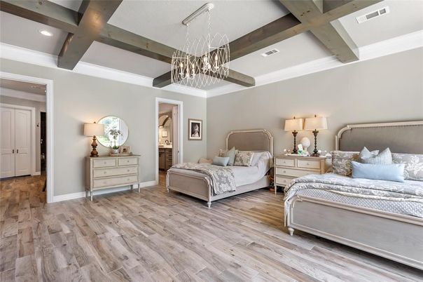 Bedroom, Interior, Pendant Lights, Recessed Lighting, Wooden Beams, Wood Texture Flooring