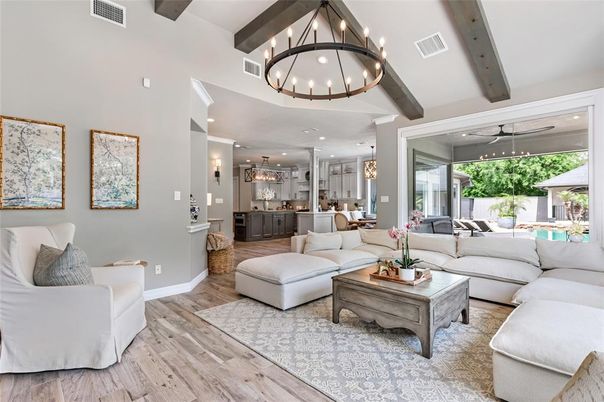 Chandelier, Interior, Living room, Pendant Lights, Recessed Lighting, Wooden Beams, Wood Texture Flooring