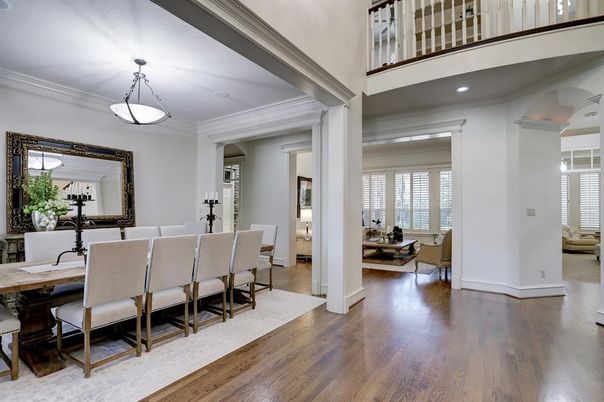 Dining room, Interior, Pendant Lights, Recessed Lighting, Wood Texture Flooring