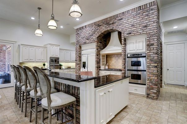Interior, Kitchen, Pendant Lights, Recessed Lighting, Stainless Steel Appliances, Stone Walls