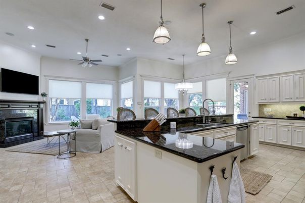 Fireplace, Interior, Kitchen, Living room, Pendant Lights, Recessed Lighting