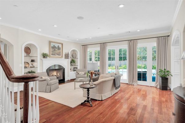 Fireplace, Interior, Living room, Recessed Lighting, Wood Texture Flooring