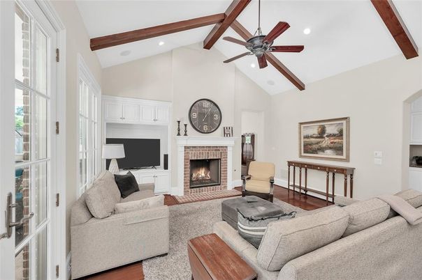 Fireplace, Interior, Living room, Recessed Lighting, Wooden Beams, Wood Texture Flooring
