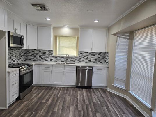 Interior, Kitchen, Recessed Lighting, Stainless Steel Appliances, Wood Texture Flooring
