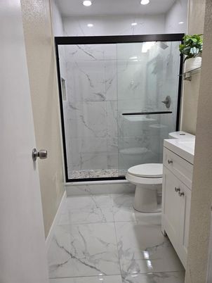 Bathroom, Glass Shower, Interior, Marble, Marble Walls, Recessed Lighting