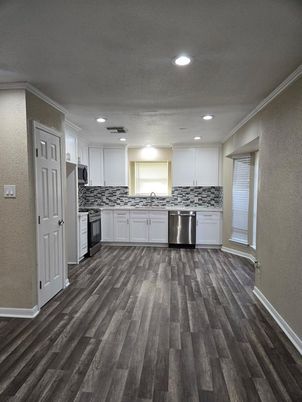 Interior, Kitchen, Recessed Lighting, Stainless Steel Appliances, Wood Texture Flooring