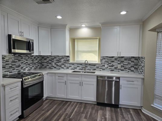 Interior, Kitchen, Recessed Lighting, Stainless Steel Appliances, Wood Texture Flooring