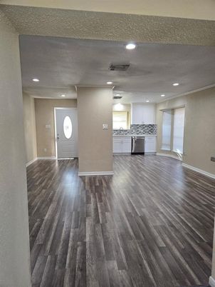 Interior, Kitchen, Recessed Lighting, Stainless Steel Appliances, Wood Texture Flooring