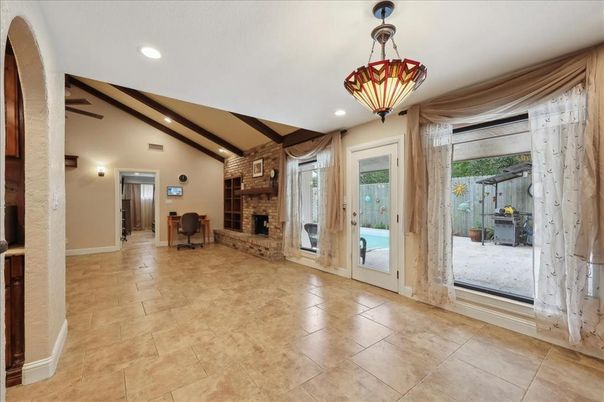 Fireplace, Interior, Pendant Lights, Recessed Lighting, Stone Walls, Wooden Beams