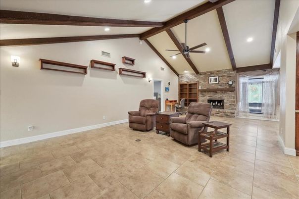 Fireplace, Interior, Living room, Recessed Lighting, Stone Walls, Wooden Beams
