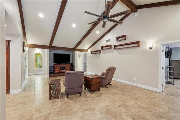 Fireplace, Interior, Living room, Recessed Lighting, Wooden Beams