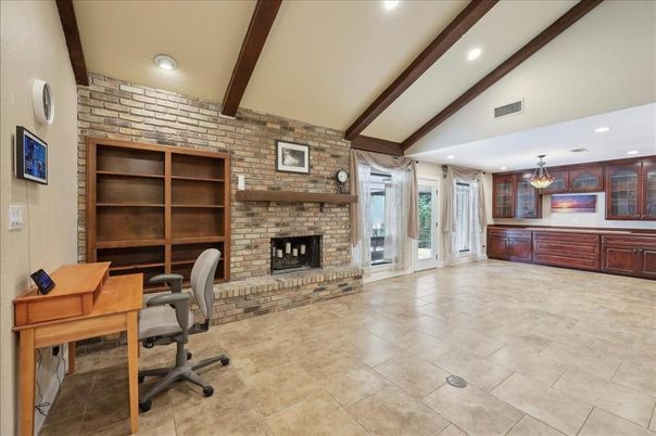 Chandelier, Fireplace, Home Office, Interior, Pendant Lights, Recessed Lighting, Stone Walls, Wooden Beams